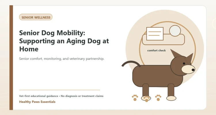 Custom Healthy Paws Essentials illustration for Senior Dog Mobility: Supporting an Aging Dog at Home, showing a dog and a vet-first care planning concept.