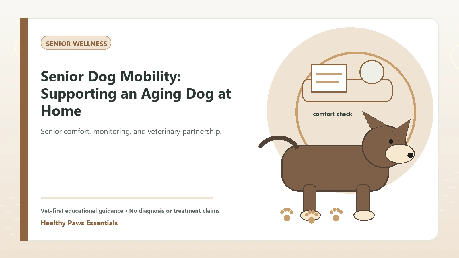 Custom Healthy Paws Essentials illustration for Senior Dog Mobility: Supporting an Aging Dog at Home, showing a dog and a vet-first care planning concept.