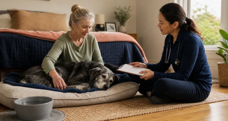 Senior dog rests comfortably at home while the owner and veterinary professional share a calm care-planning conversation.