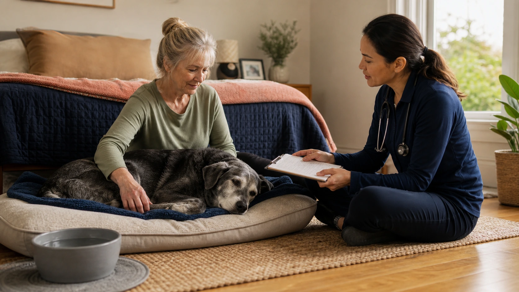 Senior dog rests comfortably at home while the owner and veterinary professional share a calm care-planning conversation.