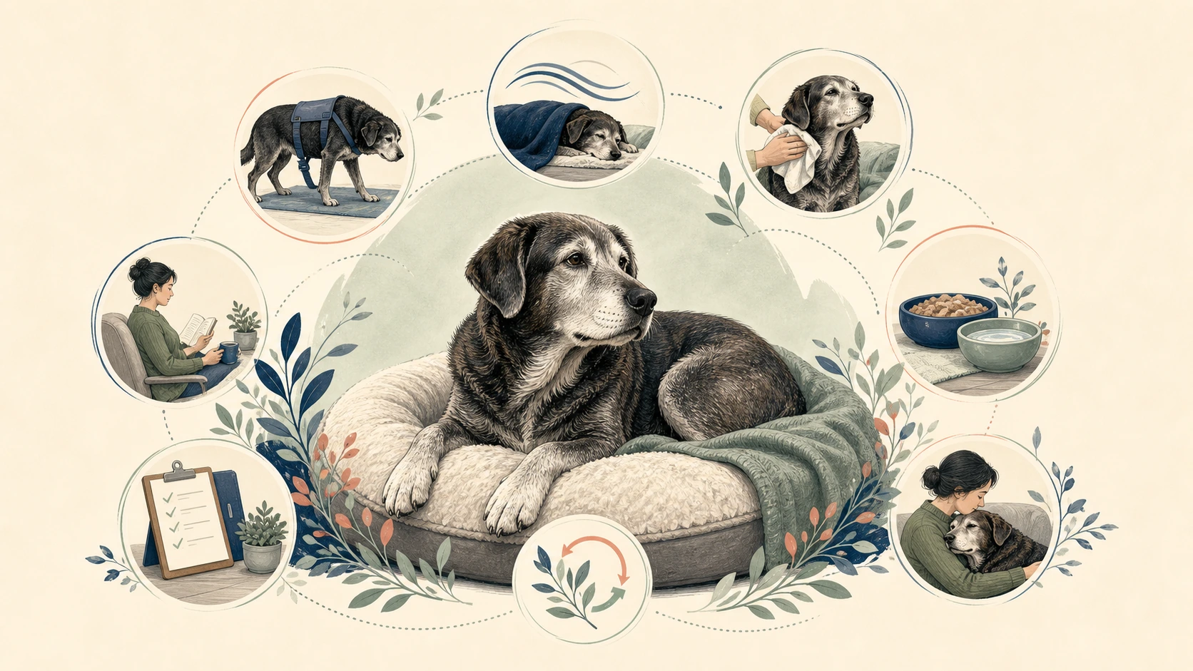 Gentle care map around one resting senior dog shows comfort, hydration, hygiene, mobility, observation, and family connection.