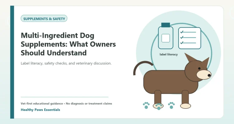 Custom Healthy Paws Essentials illustration for Multi-Ingredient Dog Supplements: What Owners Should Understand, showing a dog and a vet-first care planning concept.