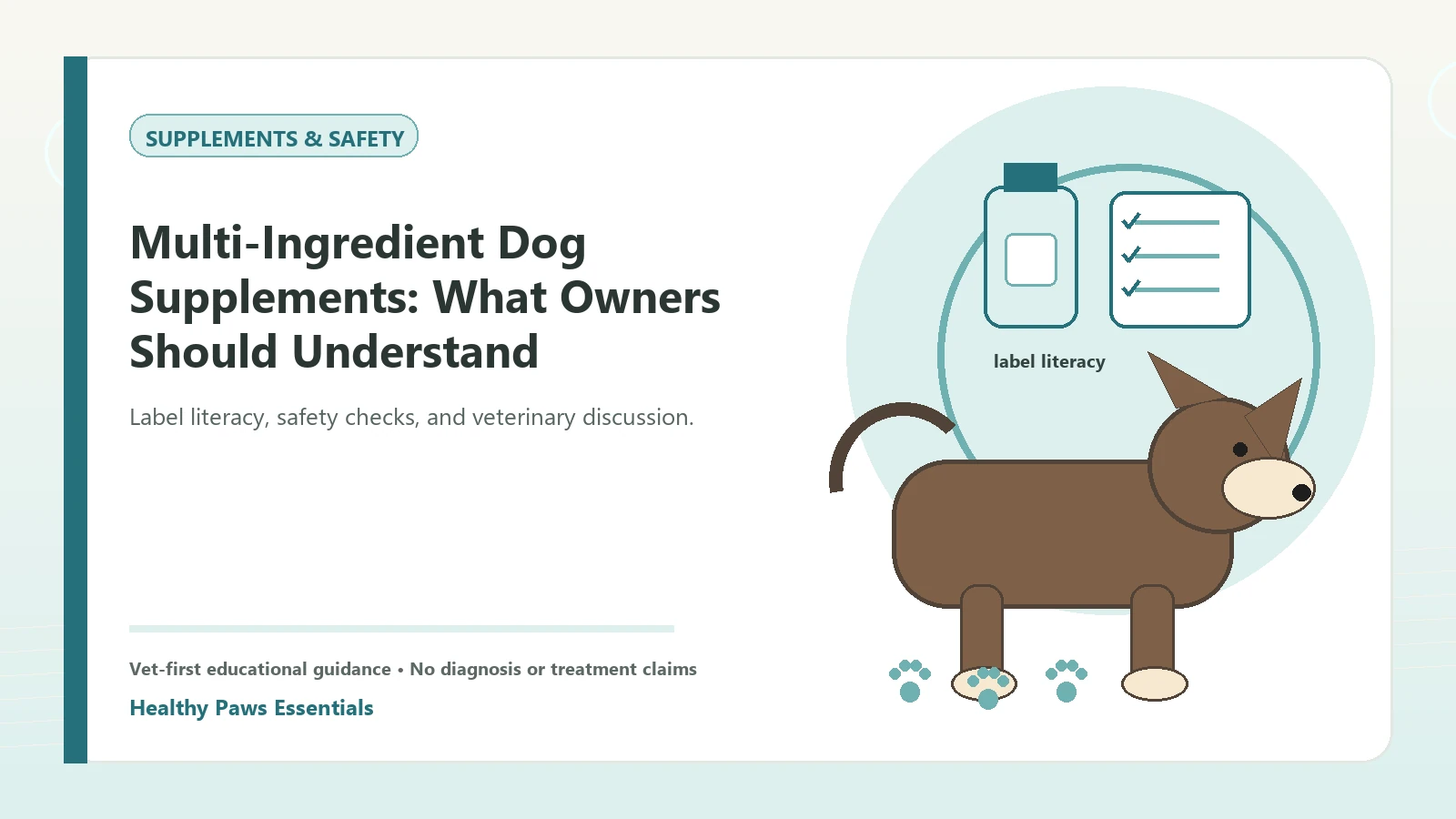 Custom Healthy Paws Essentials illustration for Multi-Ingredient Dog Supplements: What Owners Should Understand, showing a dog and a vet-first care planning concept.