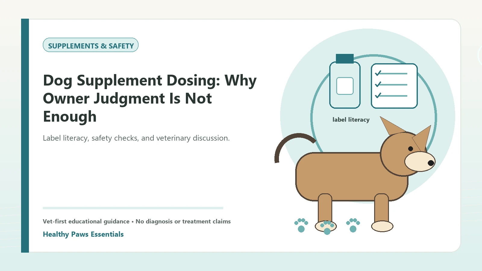 Custom Healthy Paws Essentials illustration for Dog Supplement Dosing: Why Owner Judgment Is Not Enough, showing a dog and a vet-first care planning concept.