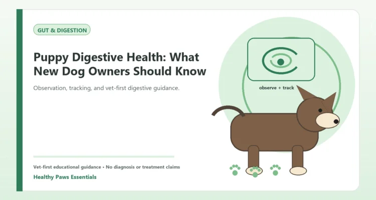 Custom Healthy Paws Essentials illustration for Puppy Digestive Health: What New Dog Owners Should Know, showing a dog and a vet-first care planning concept.