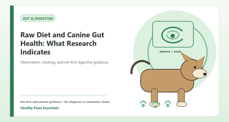 Custom Healthy Paws Essentials illustration for Raw Diet and Canine Gut Health: What Research Indicates, showing a dog and a vet-first care planning concept.