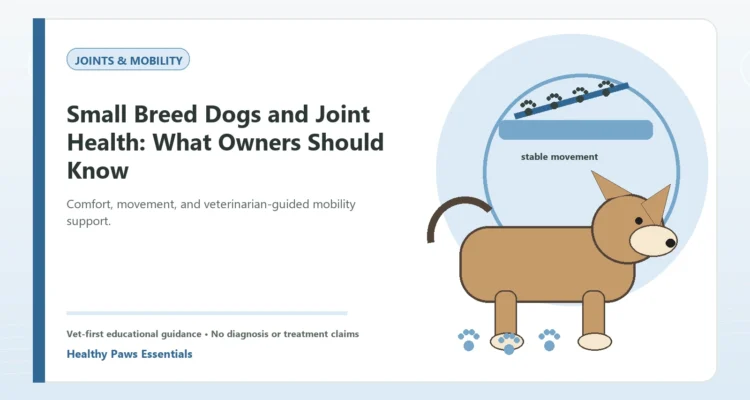 Custom Healthy Paws Essentials illustration for Small Breed Dogs and Joint Health: What Owners Should Know, showing a dog and a vet-first care planning concept.