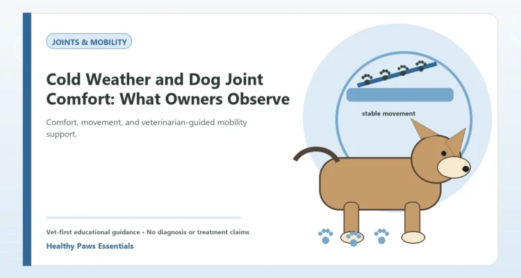 Custom Healthy Paws Essentials illustration for Cold Weather and Dog Joint Comfort: What Owners Observe, showing a dog and a vet-first care planning concept.