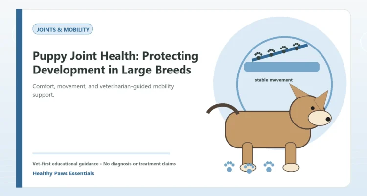 Custom Healthy Paws Essentials illustration for Puppy Joint Health: Protecting Development in Large Breeds, showing a dog and a vet-first care planning concept.