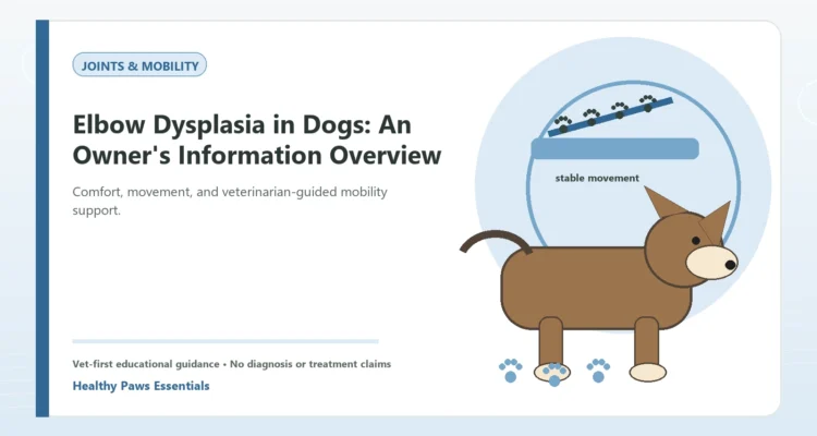 Custom Healthy Paws Essentials illustration for Elbow Dysplasia in Dogs: An Owner's Information Overview, showing a dog and a vet-first care planning concept.