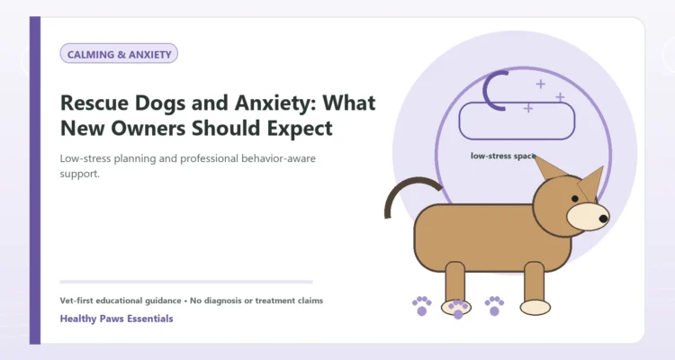 Custom Healthy Paws Essentials illustration for Rescue Dogs and Anxiety: What New Owners Should Expect, showing a dog and a vet-first care planning concept.