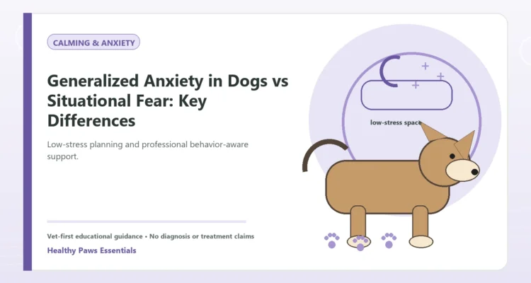 Custom Healthy Paws Essentials illustration for Generalized Anxiety in Dogs vs Situational Fear: Key Differences, showing a dog and a vet-first care planning concept.