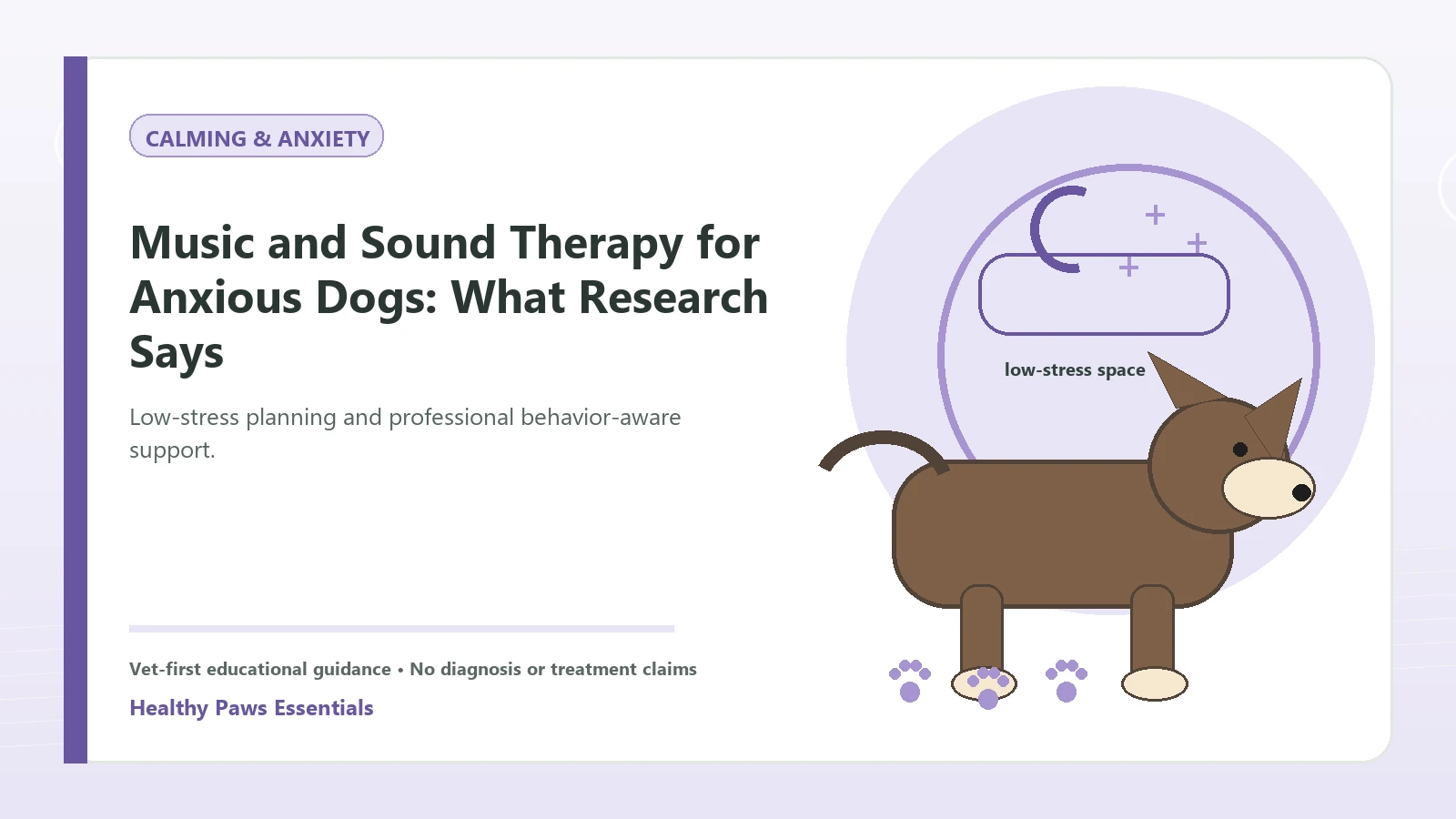 Custom Healthy Paws Essentials illustration for Music and Sound Therapy for Anxious Dogs: What Research Says, showing a dog and a vet-first care planning concept.