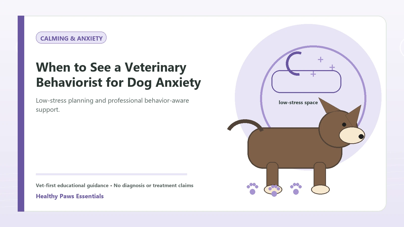 Custom Healthy Paws Essentials illustration for When to See a Veterinary Behaviorist for Dog Anxiety, showing a dog and a vet-first care planning concept.