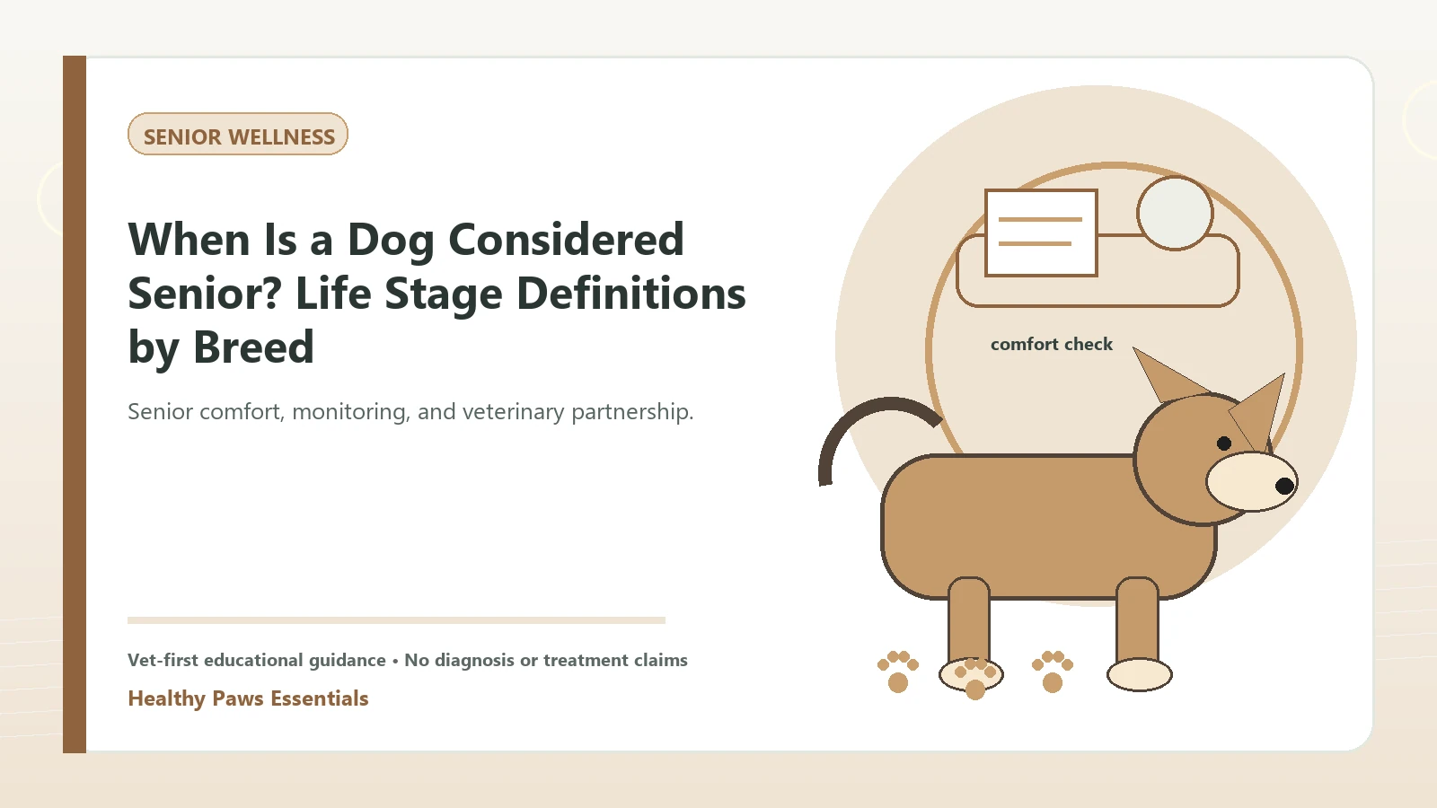 Custom Healthy Paws Essentials illustration for When Is a Dog Considered Senior? Life Stage Definitions by Breed, showing a dog and a vet-first care planning concept.