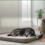 Healthy Paws Essentials editorial scene for Senior Dog Weight Management: A Vet-First Guide: a senior dog resting on a bed while an owner writes notes nearby.