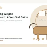 Custom Healthy Paws Essentials illustration for Senior Dog Weight Management: A Vet-First Guide, showing a dog and a vet-first care planning concept.