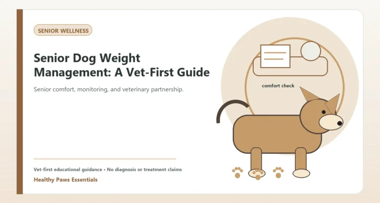 Custom Healthy Paws Essentials illustration for Senior Dog Weight Management: A Vet-First Guide, showing a dog and a vet-first care planning concept.