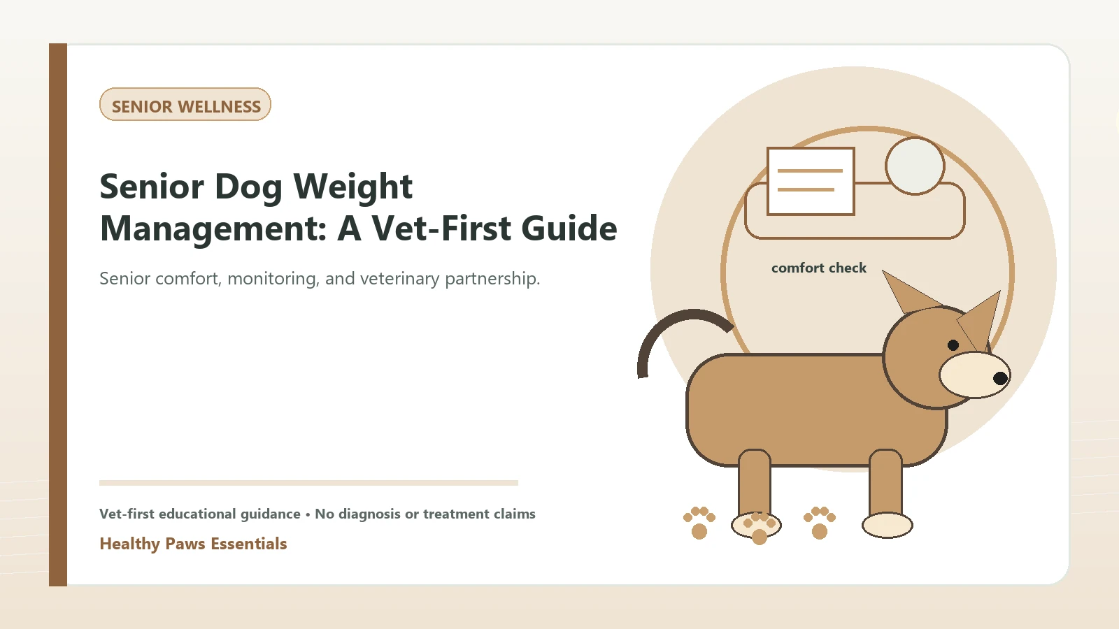 Custom Healthy Paws Essentials illustration for Senior Dog Weight Management: A Vet-First Guide, showing a dog and a vet-first care planning concept.