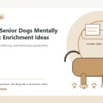 Custom Healthy Paws Essentials illustration for Keeping Senior Dogs Mentally Engaged: Enrichment Ideas, showing a dog and a vet-first care planning concept.