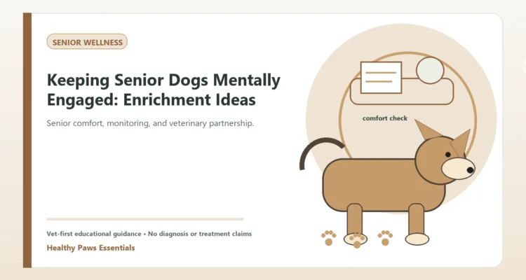 Custom Healthy Paws Essentials illustration for Keeping Senior Dogs Mentally Engaged: Enrichment Ideas, showing a dog and a vet-first care planning concept.