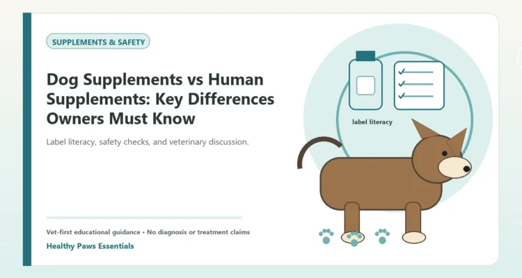 Custom Healthy Paws Essentials illustration for Dog Supplements vs Human Supplements: Key Differences Owners Must Know, showing a dog and a vet-first care planning concept.