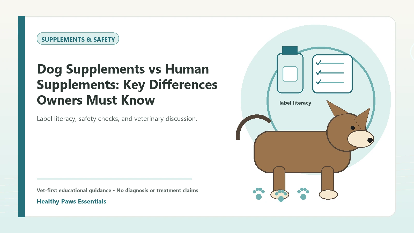 Custom Healthy Paws Essentials illustration for Dog Supplements vs Human Supplements: Key Differences Owners Must Know, showing a dog and a vet-first care planning concept.