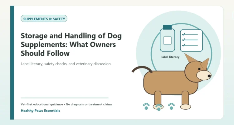 Custom Healthy Paws Essentials illustration for Storage and Handling of Dog Supplements: What Owners Should Follow, showing a dog and a vet-first care planning concept.