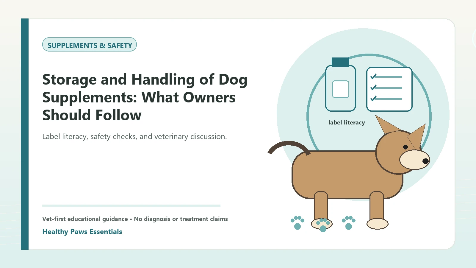 Custom Healthy Paws Essentials illustration for Storage and Handling of Dog Supplements: What Owners Should Follow, showing a dog and a vet-first care planning concept.