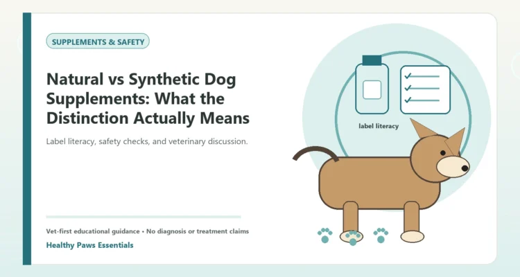 Custom Healthy Paws Essentials illustration for Natural vs Synthetic Dog Supplements: What the Distinction Actually Means, showing a dog and a vet-first care planning concept.