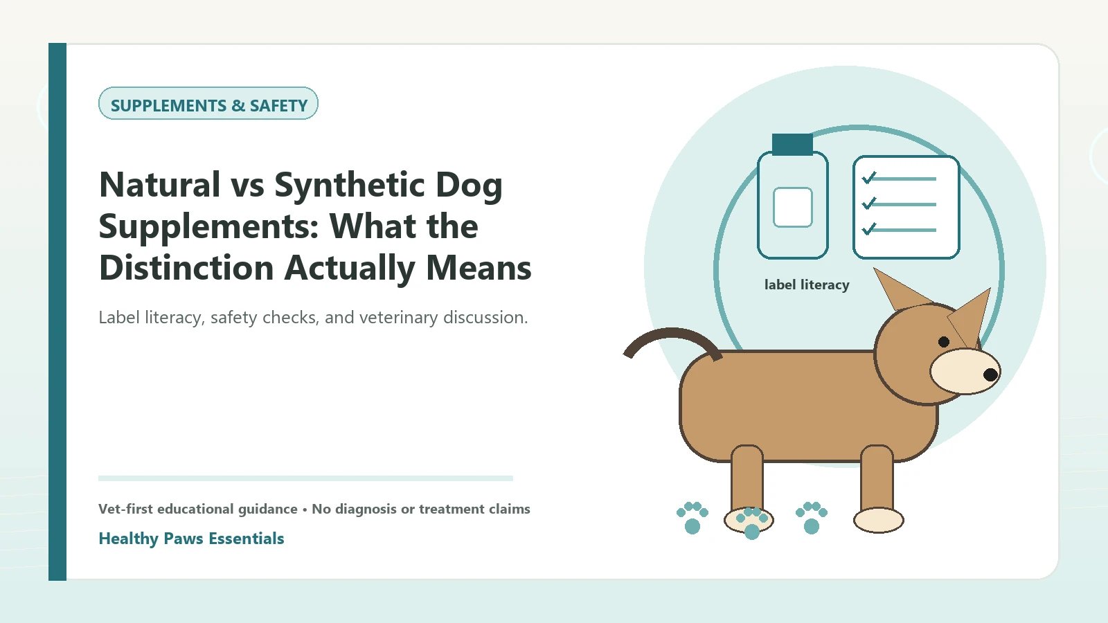 Custom Healthy Paws Essentials illustration for Natural vs Synthetic Dog Supplements: What the Distinction Actually Means, showing a dog and a vet-first care planning concept.