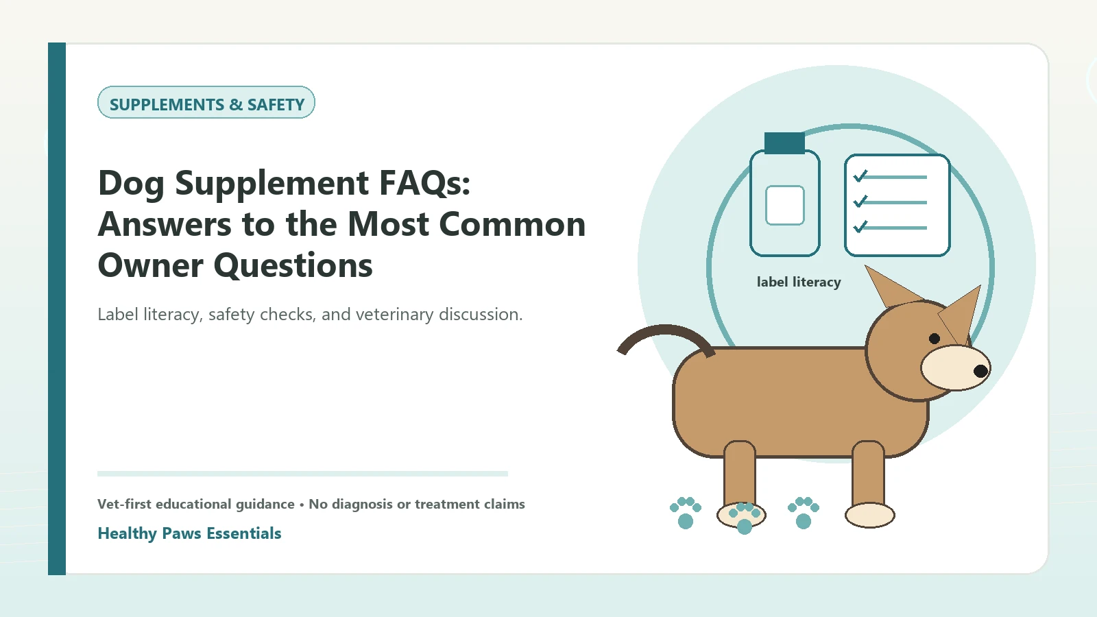 Custom Healthy Paws Essentials illustration for Dog Supplement FAQs: Answers to the Most Common Owner Questions, showing a dog and a vet-first care planning concept.