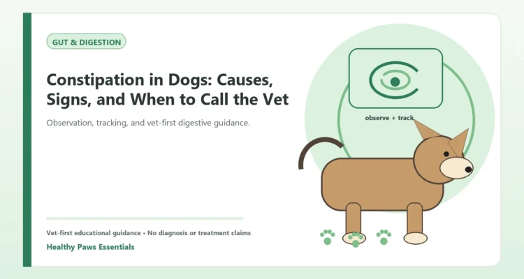 Custom Healthy Paws Essentials illustration for Constipation in Dogs: Causes, Signs, and When to Call the Vet, showing a dog and a vet-first care planning concept.