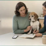 Healthy Paws Essentials editorial scene for Constipation in Dogs: Causes, Signs, and When to Call the Vet: a veterinarian and owner reviewing notes with a dog during a supplement discussion.