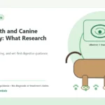 Custom Healthy Paws Essentials illustration for Gut Health and Canine Immunity: What Research Indicates, showing a dog and a vet-first care planning concept.