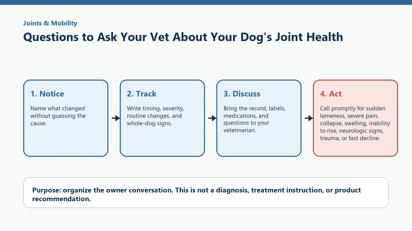 Decision pathway for Questions to Ask Your Vet About Your Dog's Joint Health.