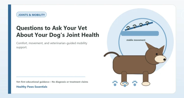 Custom Healthy Paws Essentials illustration for Questions to Ask Your Vet About Your Dog's Joint Health, showing a dog and a vet-first care planning concept.