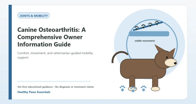Custom Healthy Paws Essentials illustration for Canine Osteoarthritis: A Comprehensive Owner Information Guide, showing a dog and a vet-first care planning concept.