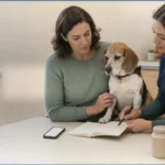Healthy Paws Essentials editorial scene for Pain Management for Dogs with Joint Issues: What Vets Consider: a veterinarian and owner reviewing notes with a dog during a supplement discussion.