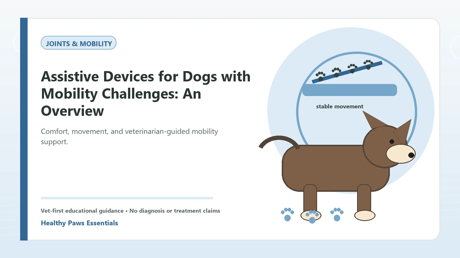 Custom Healthy Paws Essentials illustration for Assistive Devices for Dogs with Mobility Challenges: An Overview, showing a dog and a vet-first care planning concept.