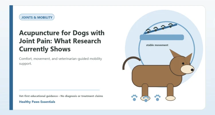 Custom Healthy Paws Essentials illustration for Acupuncture for Dogs with Joint Pain: What Research Currently Shows, showing a dog and a vet-first care planning concept.