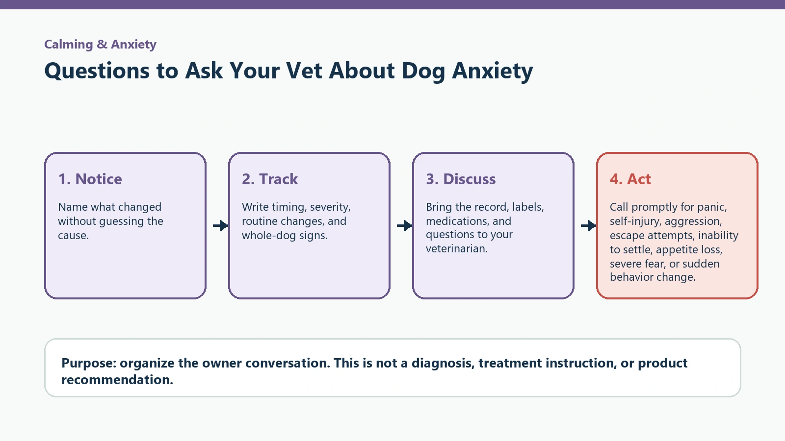 Decision pathway for Questions to Ask Your Vet About Dog Anxiety.