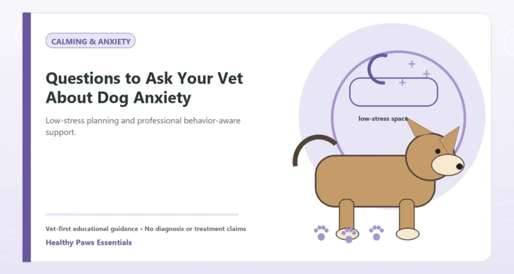Custom Healthy Paws Essentials illustration for Questions to Ask Your Vet About Dog Anxiety, showing a dog and a vet-first care planning concept.