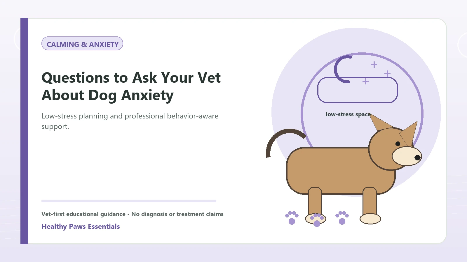 Custom Healthy Paws Essentials illustration for Questions to Ask Your Vet About Dog Anxiety, showing a dog and a vet-first care planning concept.