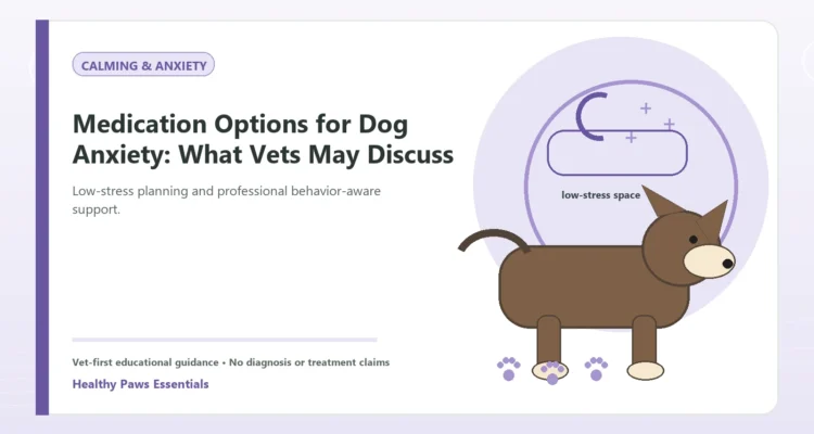 Custom Healthy Paws Essentials illustration for Medication Options for Dog Anxiety: What Vets May Discuss, showing a dog and a vet-first care planning concept.