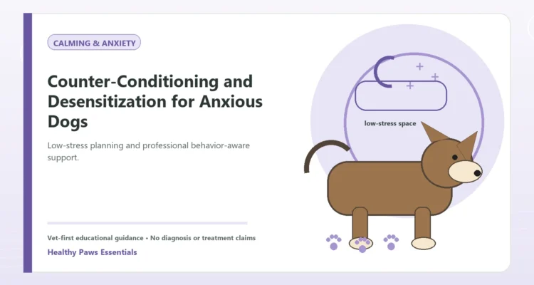 Custom Healthy Paws Essentials illustration for Counter-Conditioning and Desensitization for Anxious Dogs, showing a dog and a vet-first care planning concept.