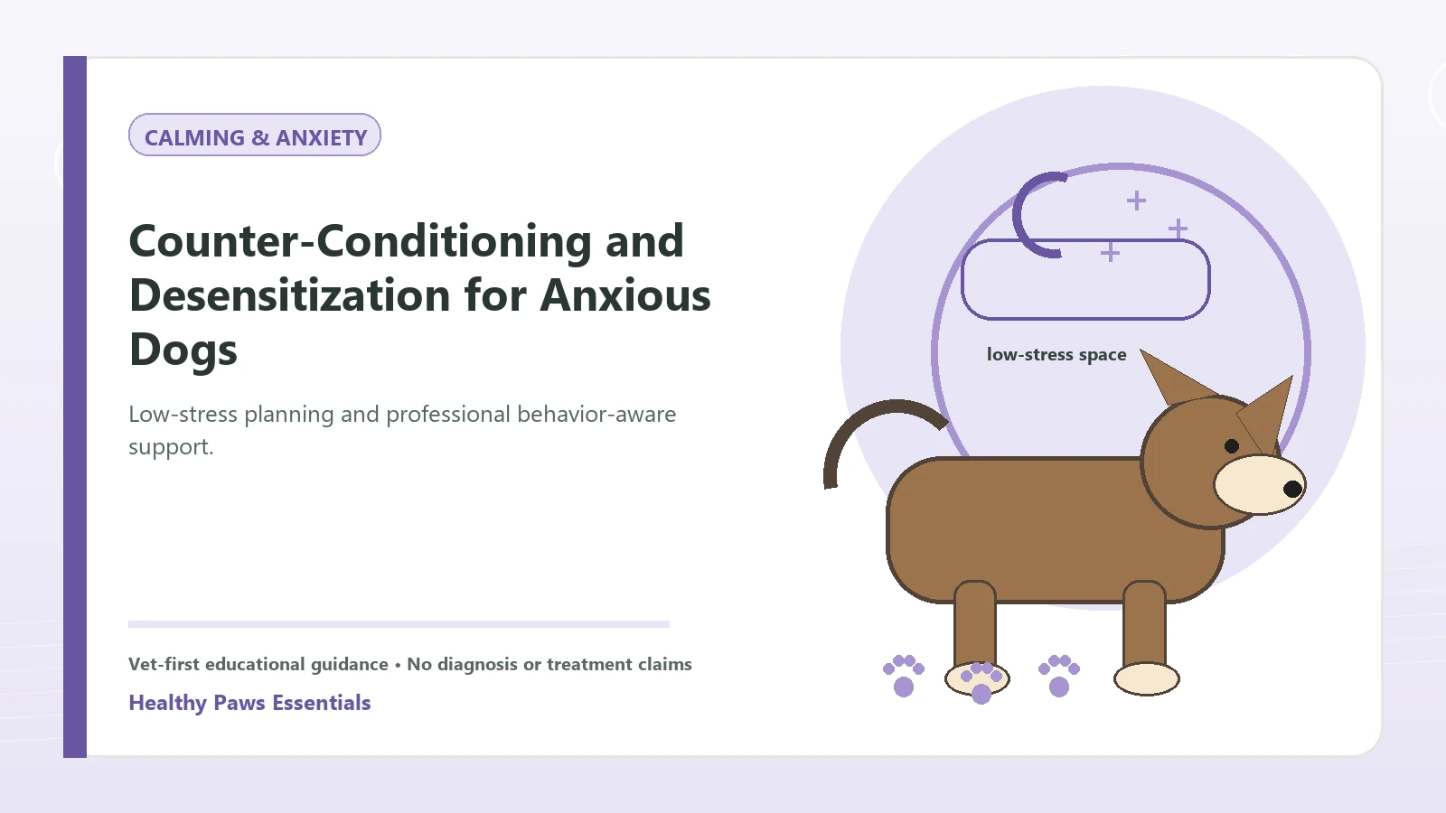 Custom Healthy Paws Essentials illustration for Counter-Conditioning and Desensitization for Anxious Dogs, showing a dog and a vet-first care planning concept.