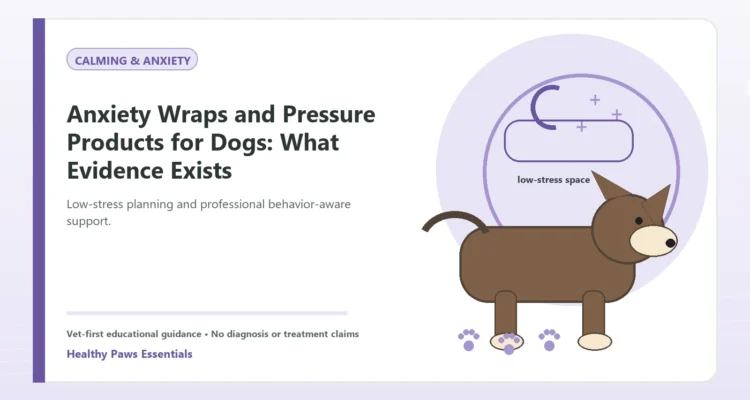 Custom Healthy Paws Essentials illustration for Anxiety Wraps and Pressure Products for Dogs: What Evidence Exists, showing a dog and a vet-first care planning concept.