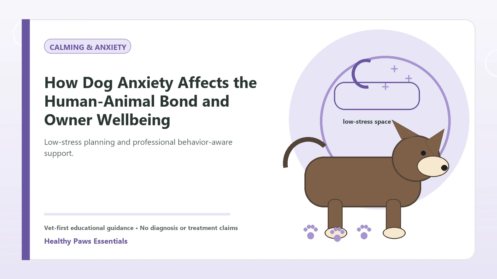Custom Healthy Paws Essentials illustration for How Dog Anxiety Affects the Human-Animal Bond and Owner Wellbeing, showing a dog and a vet-first care planning concept.