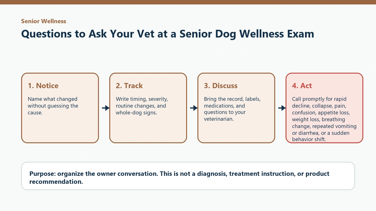 Decision pathway for Questions to Ask Your Vet at a Senior Dog Wellness Exam.